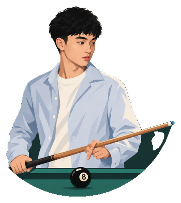 Cuechi in a pale blue shirt holding a pool cue above the eight ball