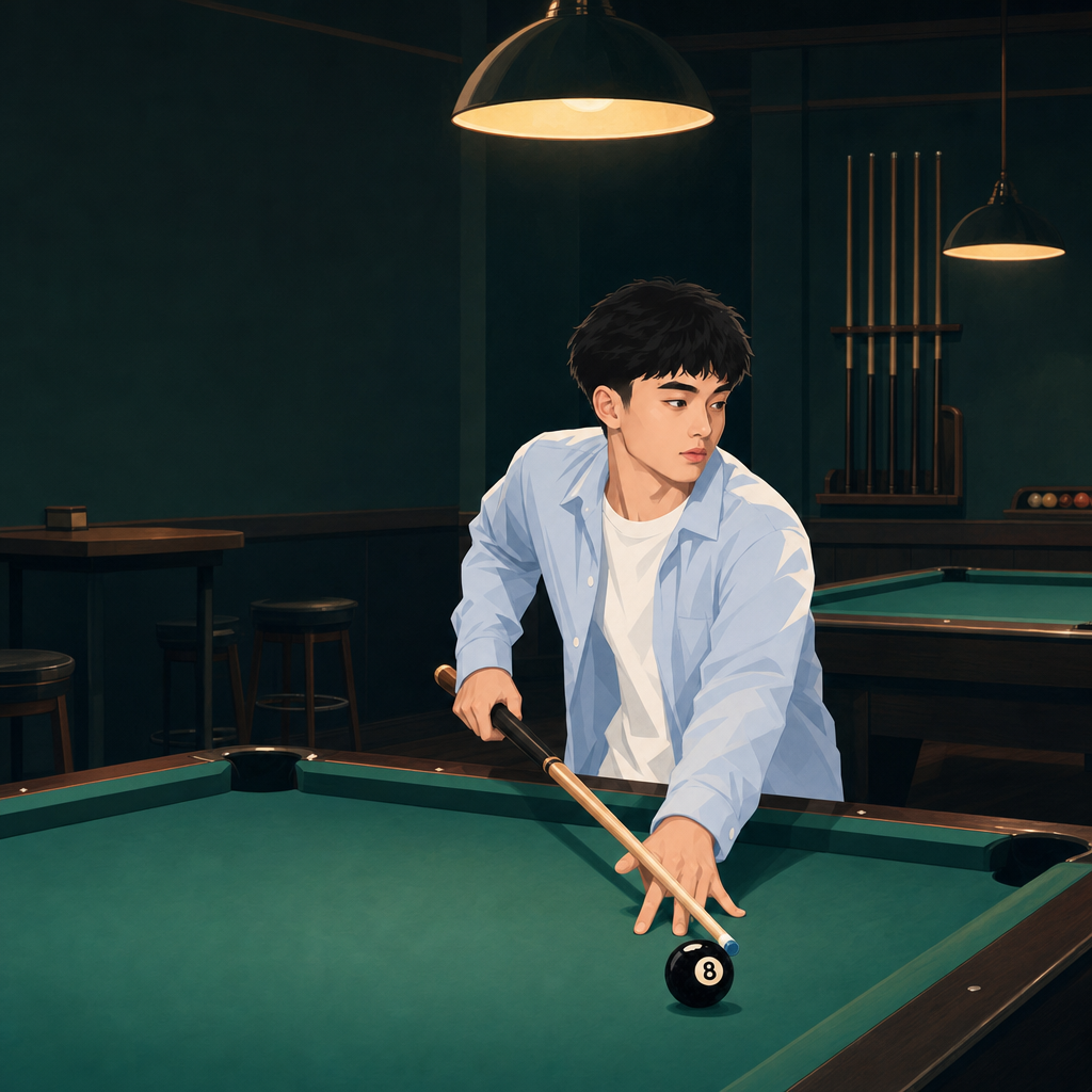 Cuechi lining up a shot on the eight ball under a hanging lamp in a dim pool hall